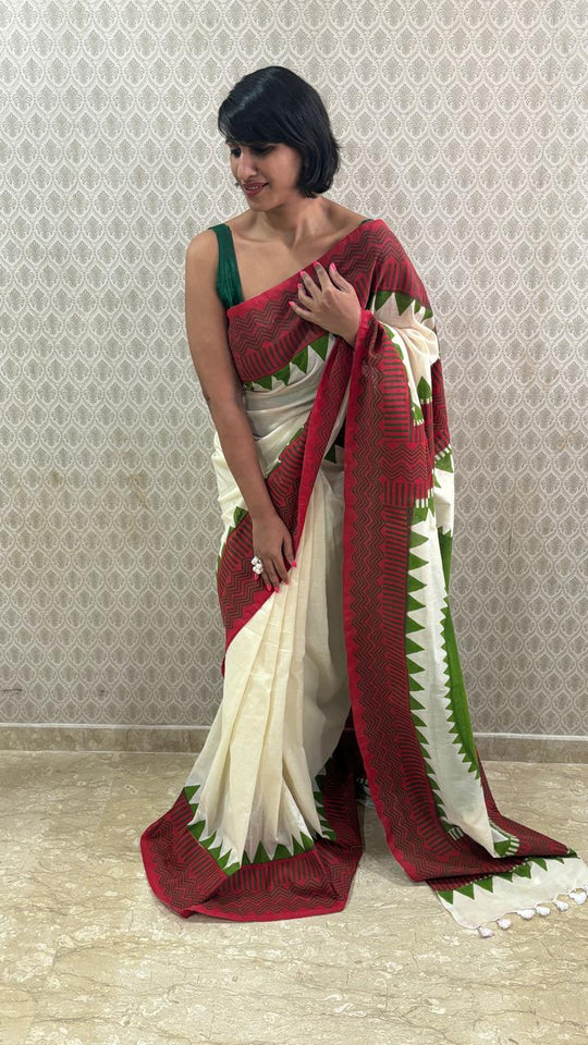 That Green Bindi Hand Block Cotton Saree