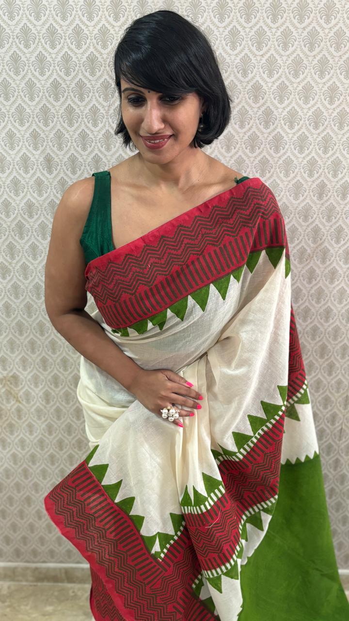 That Green Bindi Hand Block Cotton Saree
