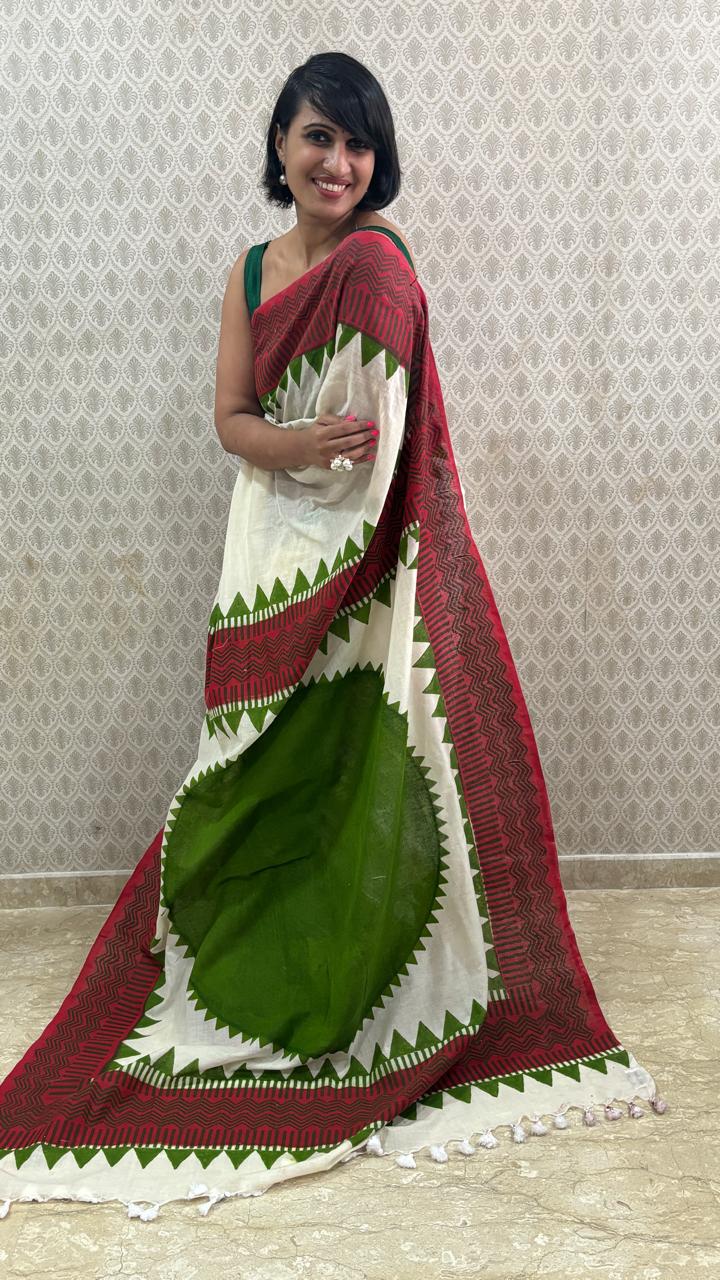 That Green Bindi Hand Block Cotton Saree