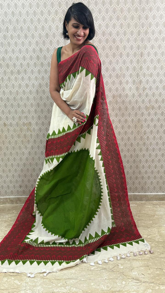 That Green Bindi Hand Block Cotton Saree