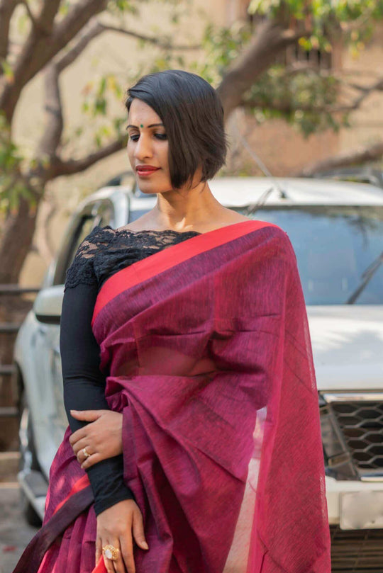 Cherry Wine Handloom Cotton Saree