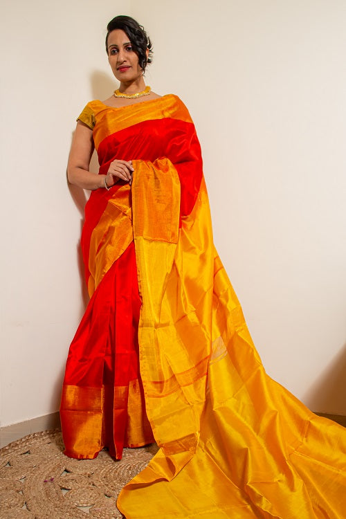 Divinity - Red Yellow Handwoven Silk Saree