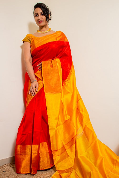 Divinity - Red Yellow Handwoven Silk Saree