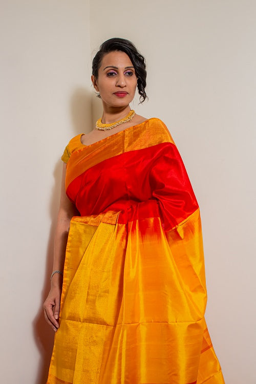Divinity - Red Yellow Handwoven Silk Saree