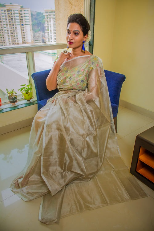 The Zari Sheen - Silver Handwoven Uppada Tissue Silk Saree