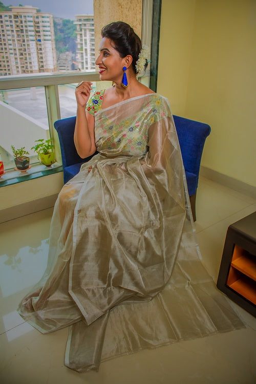 The Zari Sheen - Silver Handwoven Uppada Tissue Silk Saree