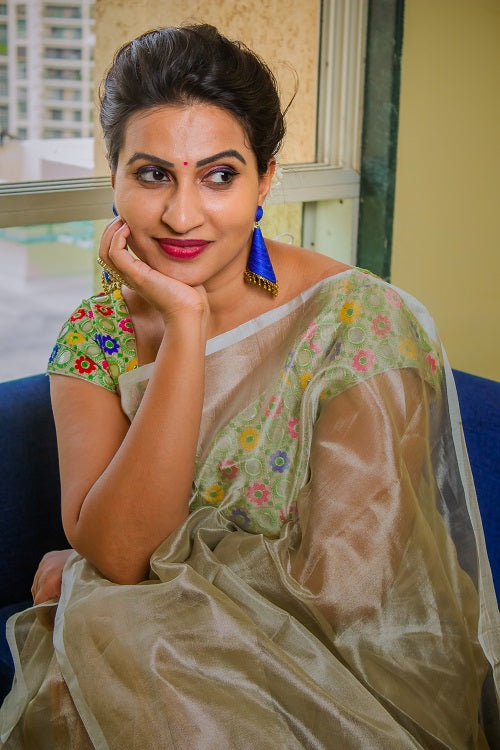 The Zari Sheen - Silver Handwoven Uppada Tissue Silk Saree