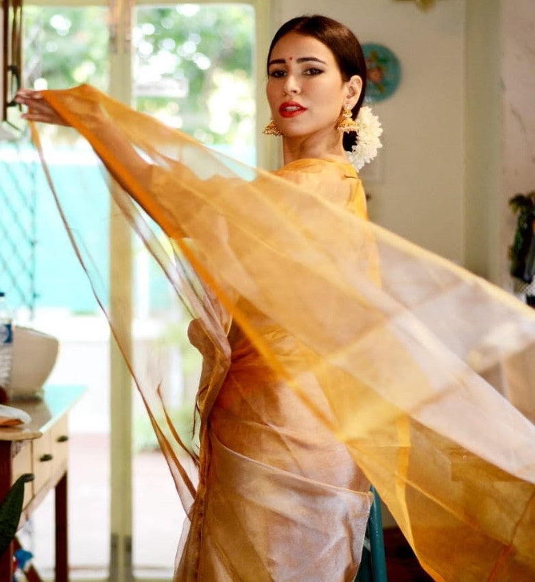 Sun And Sand- Handwoven Silver Gold Tissue Saree