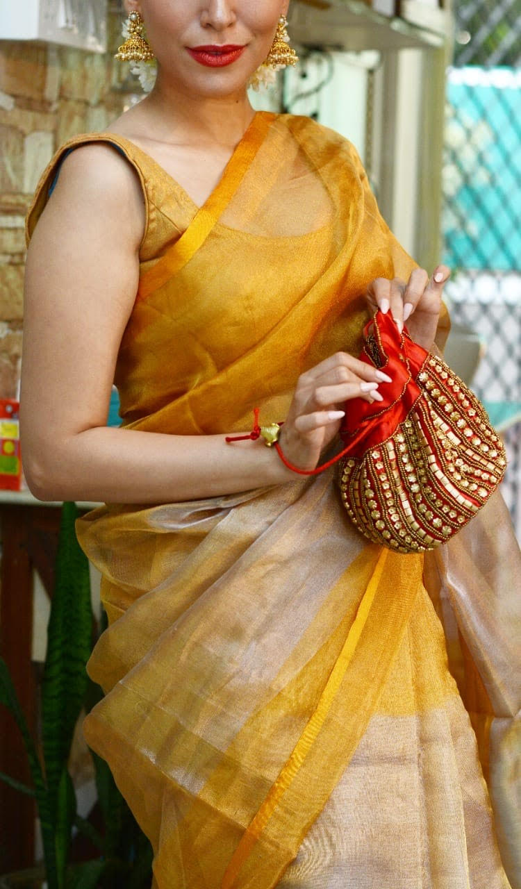 Sun And Sand- Handwoven Silver Gold Tissue Saree