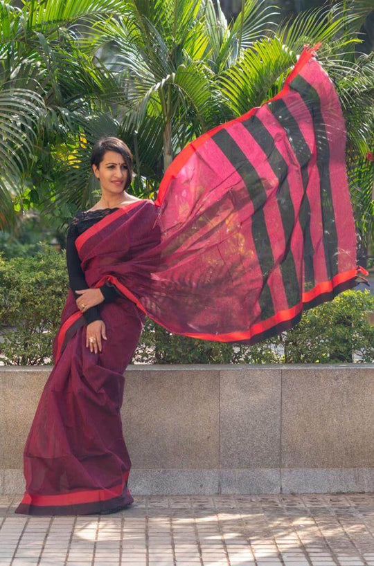 Cherry Wine Handloom Cotton Saree